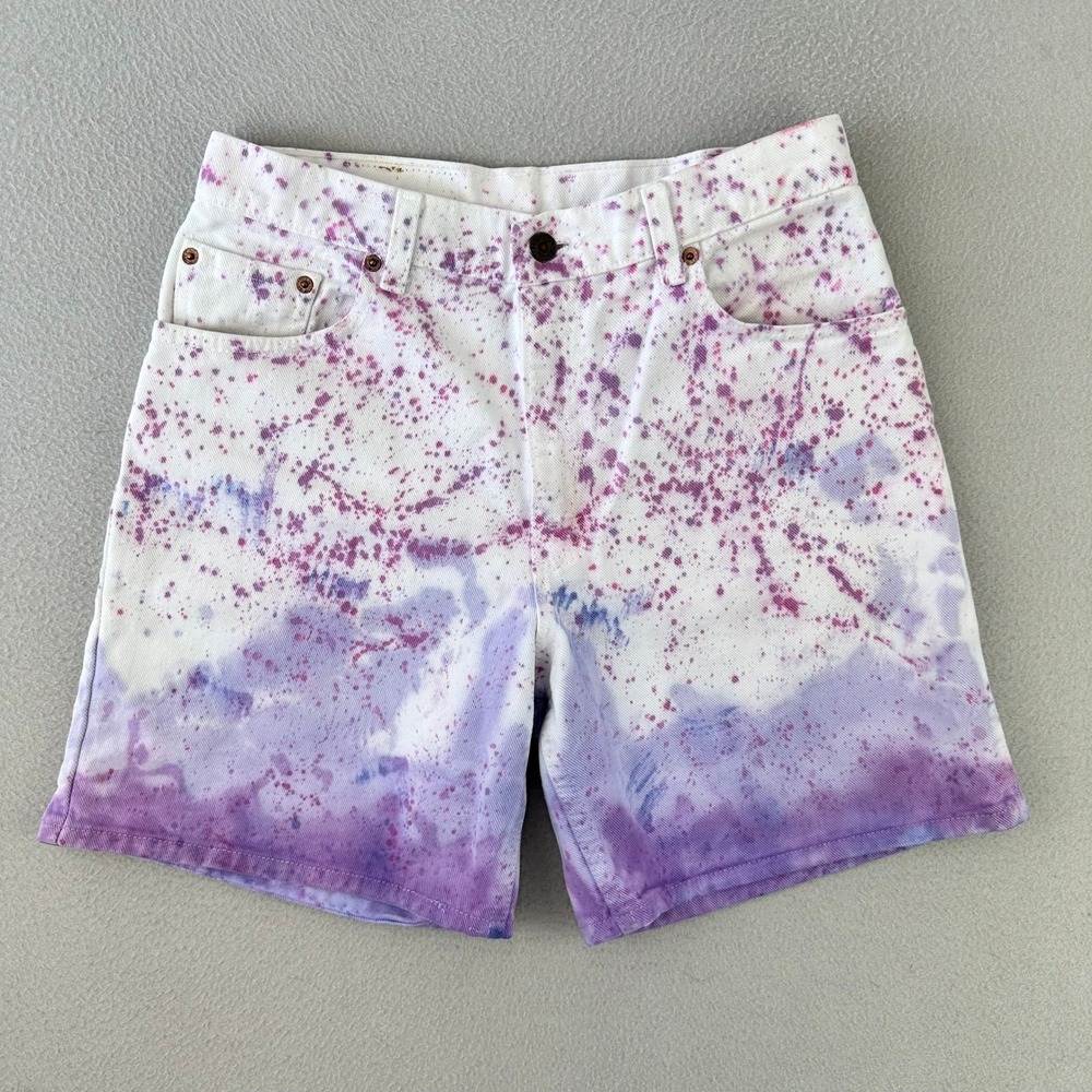 VTG Levi's 550 Relaxed Fit Shorts Women 11 White Tie Dye Splatter Denim 90s USA